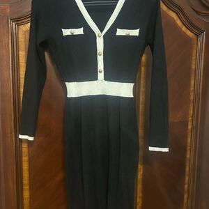 Grace Karin Black and White Midi Dress with Button Detail